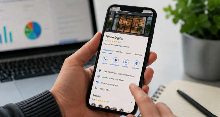 Google Business Profile en smartphone — ficha de Google para negocios locales